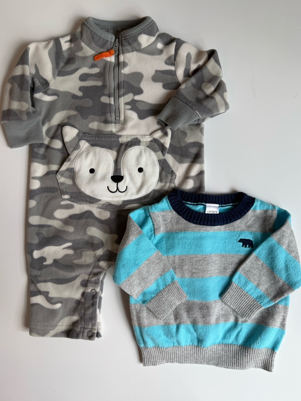 3/$21 | 3M Baby Boy S/2 Camo Fleece One-Piece &  Baby Bear Sweater